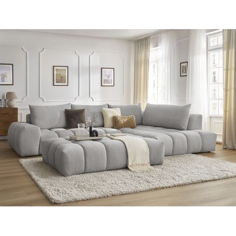 BOBOCHIC - Canapé d'angle fixe EVEREST tissu texturé avec pouf Angle droit Gris clair (1/5)