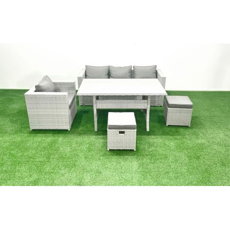 Fimous Garden Dining Set Outdoor Rattan Furniture Set with Sofa Dining Table Small Footstools Light Grey Mixed (1/5)