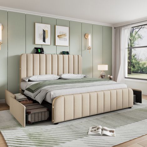 Lit rembourré double avec tête de lit capitonnée et bandes décoratives dorées, fonction de charge USB Type-C, 140200 cm, lin beige avec 4 tiroirs, capacité 181 kg (avec matelas) (1/5)