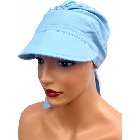 Sciarpa da donna Tess con visiera azzurra, ideale per l'estate e anche dopo la chemioterapia. (1/5)