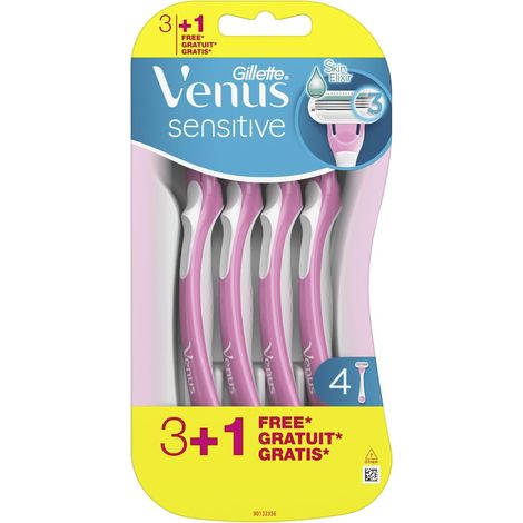 Rasoirs Jetables Pour Femme, Sensitive, Lot De 4, Pour Les Femmes A La Peau Sensible, A 3 Lames, Avec Une Bande Lubrifiante Et Une Tete Arrondie Pour Un Rasage De Près Confortable (1/5)