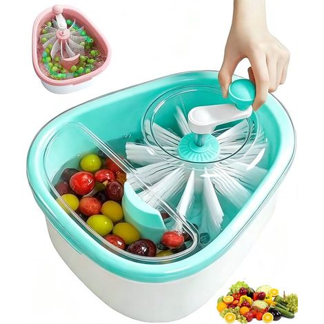 Rince-fruits et légumes manuel avec brosse rotative – Bassine de lavage avec panier pour baies – Nettoyeur manuel pour fruits légumes fraises et petits aliments – Bleu (1/5)
