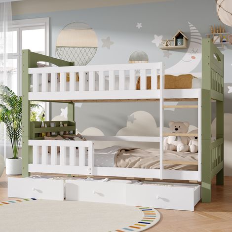 Lit superposé enfant 90x200cm en bois,Lit mezzanine avec échelle,lit mezzanine avec garde-corps surélevé, étagère latérale et 3 tiroirs,sans matelas,blanc et vert (1/4)