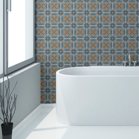 Sticker Mural Carrelage adhésif Cuisine Salle de Bain - 24 STICKERS CARREAUX DE CIMENT AZULEJOS CALLIA - 24stickers10x10cm (1/5)