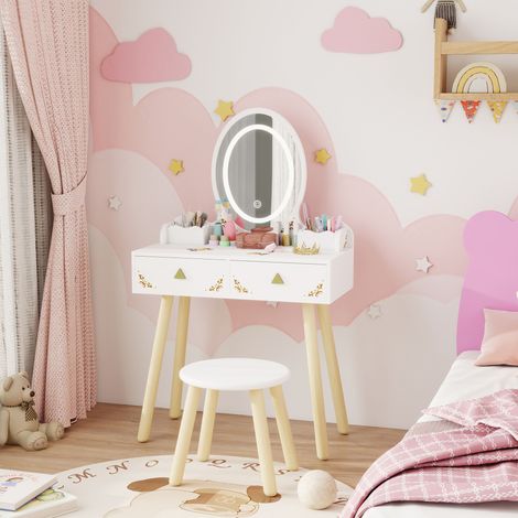 Coiffeuse pour enfant 2 en 1 bureau enfant fille avec miroir à LED 3 couleurs et tabouret 60x30x99,3 cm blanc