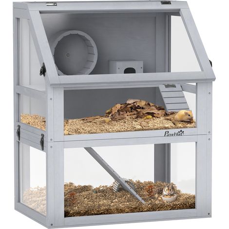 PawHut Wooden Hamster Cage w/ Detachable Bottom, Hut, Seesaw, Light Grey