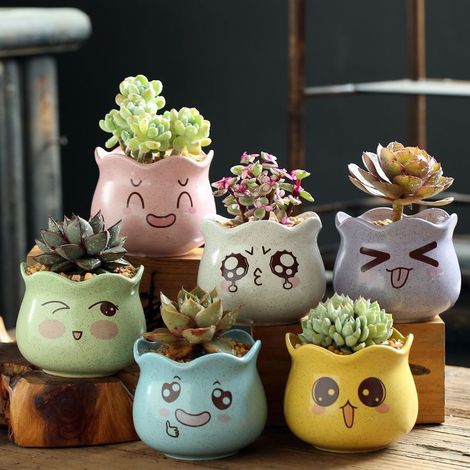 Vaso da fiori in ceramica con simpatiche decorazioni emoji, grazioso vaso per piante grasse per casa, mensola, ufficio, giardino, soggiorno, 6 pezzi (1/5)