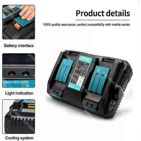 Chargeur double pour batteries Makita 14,4 V/18 V 4 A (compatible avec les modèles BL1830, BL1815, BL1420, DC18RC, DC18RD et DC18RA) (1/5)