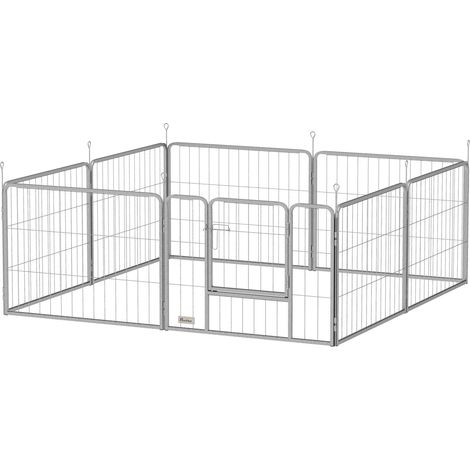 Welpenauslauf 60 cm Hoch, 8-TLG Hundelaufstall Welpenlaufstall mit Gurt und Tür, Freilaufgehege für kleine bis mittelgroße Hunde, Meerschweinchen, Kaninchen, Stahl, Silber Aosom