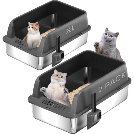 Lot de 2 bacs à litière en acier inoxydable pour grands chats 58 x 38 x 28 cm XL Avec couvercle et bord haut Avec pelle Facile à nettoyer Gris foncé (1/5)