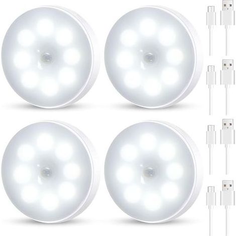 Lot de 4 Veilleuses LED à Détecteur de Mouvement, Rechargeables et Sans Fil, Lumière Blanche 8,4 cm pour Couloir, Chambre et Escalier (1/5)