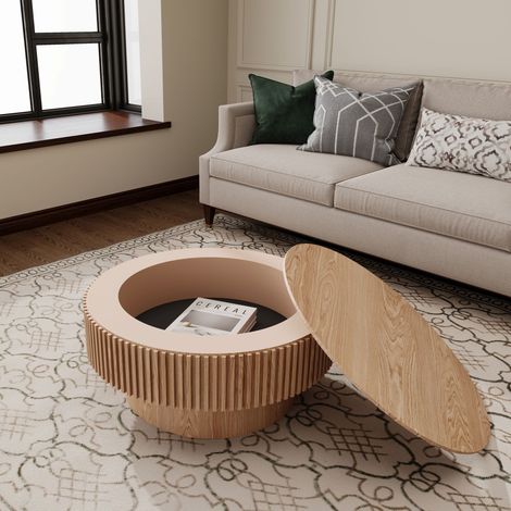 Table basse ronde de 75 cm avec rangement, en placage bois massif, style moderne, idéale pour le salon, la chambre, un appartement ou un bureau. Finition bois naturel. (1/5)