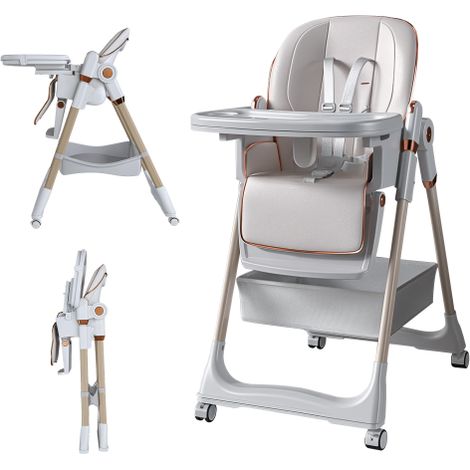 Trona ajustable para bebés de 0 a 6 años: trona portátil con arnés de seguridad, ruedas silenciosas con bloqueo y fácil limpieza para uso doméstico (blanca). (1/5)