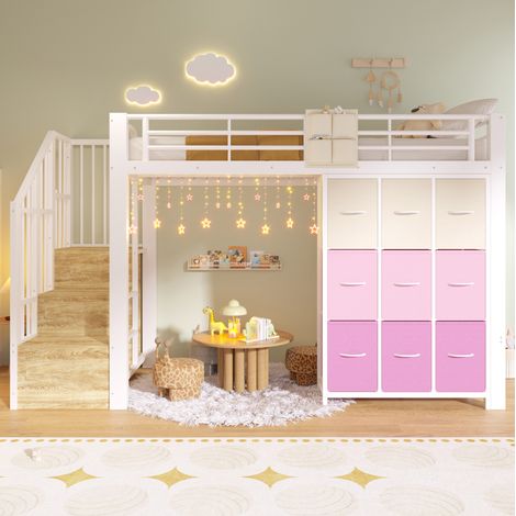 Hochbett 90x200 cm mit Aufbewahrung und Kleiderschrank in Weißmetall, ohne Matratze (1/5)
