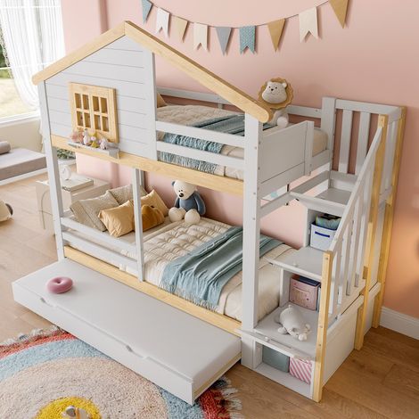 Lit superposé 90x200 cm - avec barrières - avec lit gigogne - échelle de rangement - blanc + naturel (matelas non inclus) (1/5)