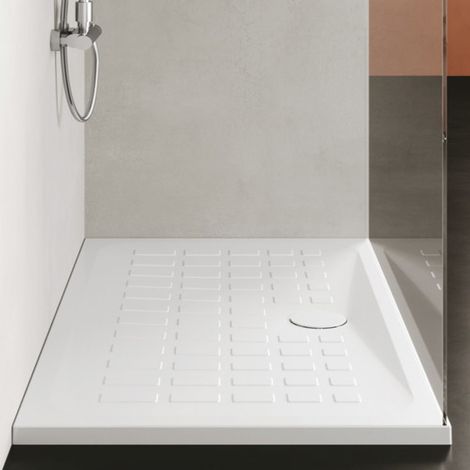 Piatto Doccia 80 x 80 x H4 cm Bianco in Ceramica - Superficie Con Decorazione Geometrica Antiscivolo - Cube - Ceramica Azzurra (1/5)