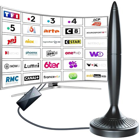 Antenne TV Interieur Puissante avec Réception omnidirectionnelle 360° Fort Base Magnétique, Amplificateur Signal, réception stable chaînes gratuites, équipée d’un câble coaxial de 5m (1/5)