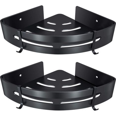 Etagère d'angle de Salle de Bain, Etagère de Douche sans Perçage Aluminium Adhésifs Panier de Rangement Douche pour Shampoing Savon Serviette, avec Crochets (Triangle, Noir, 2 Pièces)