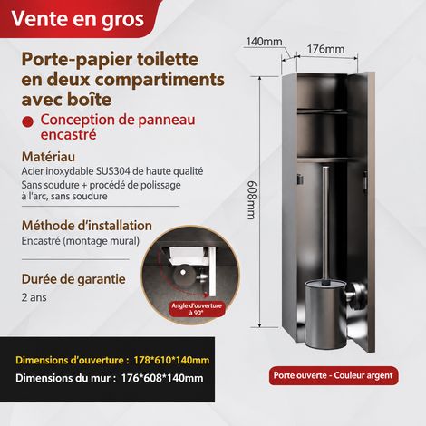 Niche Murale Encastrée WC Inox Gris Pistolet avec Boîte à Mouchoirs et Brosse WC - Ouverture Porte à Gauche Charge 50 kg – Livraison gratuite