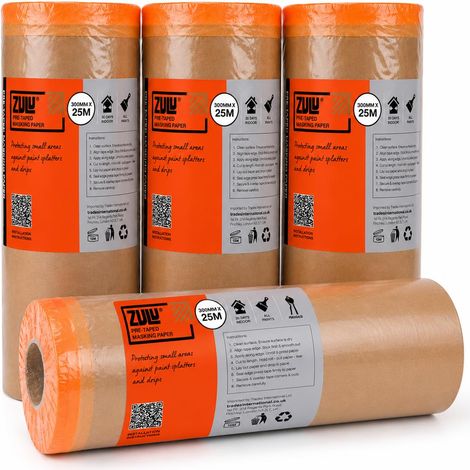 Zulu Pre-Taped Masking Paper 300mm x 25m - Heavy Duty with Adhesive Tape Paint Protection for Decorating Painting DIY, 4 Pack