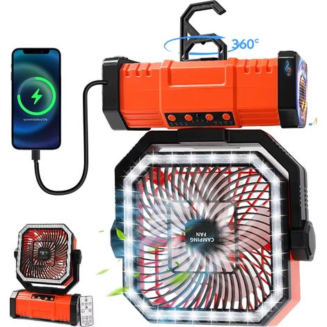 Ventilateur de camping portable avec lumière LED, ventilateur de tente rechargeable et suspendable, 4 vitesses de ventilation, idéal pour l'extérieur et les situations d'urgence (orange)