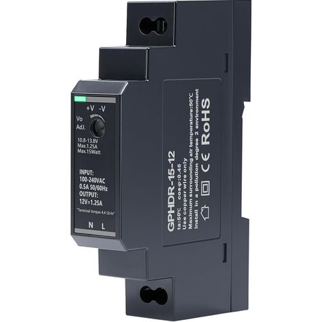 Alimentation pour rail DIN 12V 1.25 A 15W transformateur rail din Entrée 100-240V CA Sortie DC 12V Bloc d'alimentation sur rail din pour Automatisation industrielle (1/5)