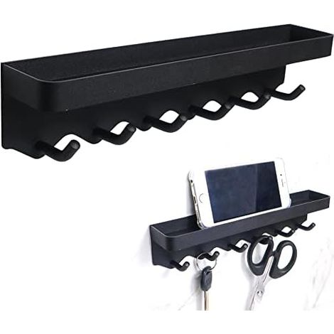 Wall Key Holder, Metal Wall Key Holder, Black Wall Mounted Key Holder, Versatile Wall Mounted Coat Rack, Wall Mounted Key Storage, with 6 Hooks and Shelf, for Key, Letter, Towel, Hats (1/5)