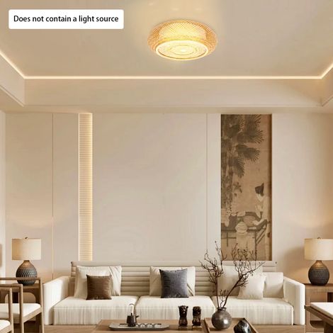 【Maison connectée】E27 Plafonnier Rond en Bambou Rotin Tissé à la Main 50cm - Lampe En Bois Tissé À La Main Naturel 40W Rétro Rond Pour Chambre Salon Couloir, 50cm [Classe énergétique A++] (1/5)