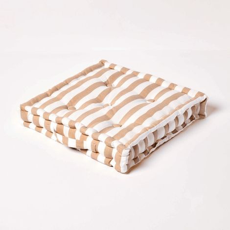 HOMESCAPES Cotton Beige Thick Stripe Floor Cushion, 40 x 40 cm