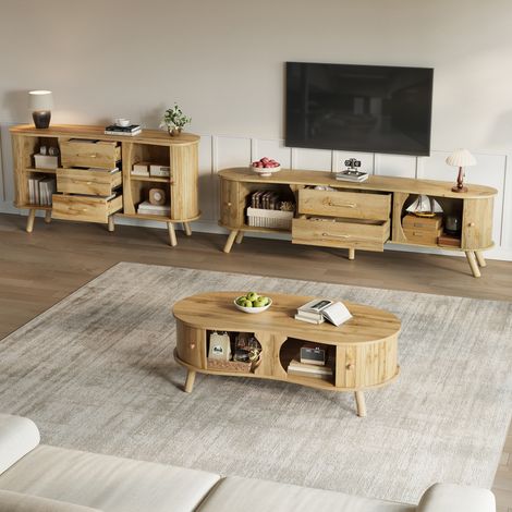 Table basse, en bois, 3 pièces, avec portes, pour salon, portes coulissantes, aspect bois, buffet, meuble TV, forme pois