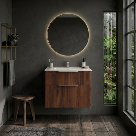 Meuble de salle de bain suspendu 80 cm avec 2 tiroirs et lavabo inclus Noyer Maya – Paso