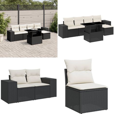 Salon de jardin 6 pcs avec coussins noir résine tressée - Ensemble Salon De Jardin - Meuble Extérieur - Jardin Design - Mobilier Résistant Aux Intempéries - Chaise Lounge - Home & Living (1/5)