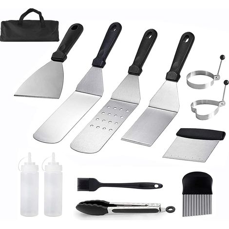 Juego de 12 piezas de accesorios profesionales para plancha de barbacoa, espátula de plancha de acero inoxidable, ideal para asar a la parrilla Teppanyaki, kit de regalo para parrilla (1/5)