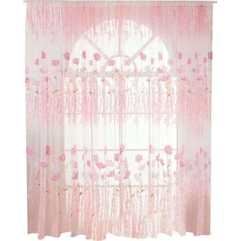 Rideau en Voile/Tulle à Motif Floral en Polyester - Décoration pour Chambre ou Salon (Rose)