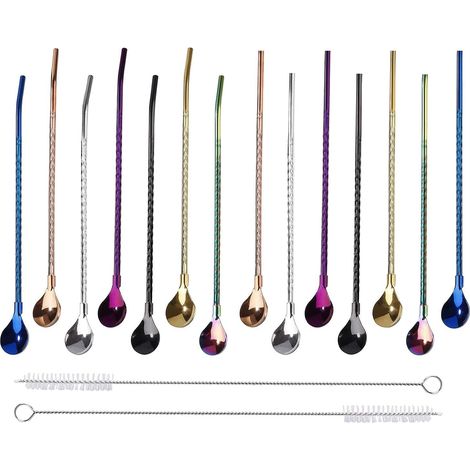 16 cucharas con pajita, acero inoxidable, reutilizables, 2 en 1, aptas para lavavajillas, para café y batidos. (1/5)