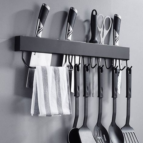 Porte-couteaux mural de cuisine en acier inoxydable 304 noir (longueur 40 cm, noir, avec 6 crochets) (1/5)