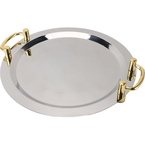 Plateau de service en acier inoxydable, surface miroir élégante et exquise, poignée de transport dorée, 304 assiettes à dîner pour buffet d'hôtel rond (diamètre 15,7 pouces)
