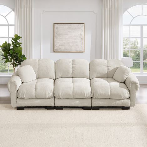 Sofá 3 plazas Cloud 260 x 86 x 90 cm en chenilla beige claro, con 2 cojines decorativos OKMYHOME (1/5)