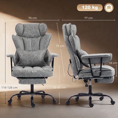 Fauteuil ergonomique gris avec massage 6 zones et chaleur, repose-jambes, appui lombaire réglable, assise spacieuse, bureau à domicile (1/5)