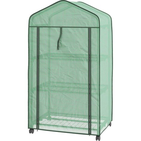 Mini invernadero de jardín con 3 estantes, cubierta de PE de alta densidad, puerta enrollable, 4 ruedas, dimensiones 69 cm de largo x 49 cm de ancho x 130 cm de alto -Crezuo