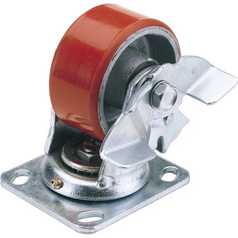 Heavy Duty Polyurethane Swivel Plate Castors with Brake – 100mm Diameter, Black, Model 65524