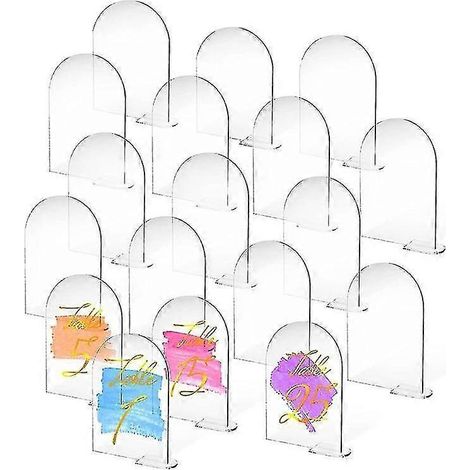 25 ensembles de panneaux arqués en acrylique transparent de 10 x 15 cm avec supports, dessus arqués ronds vierges et plaques de numérotation de table cintrées (1/5)