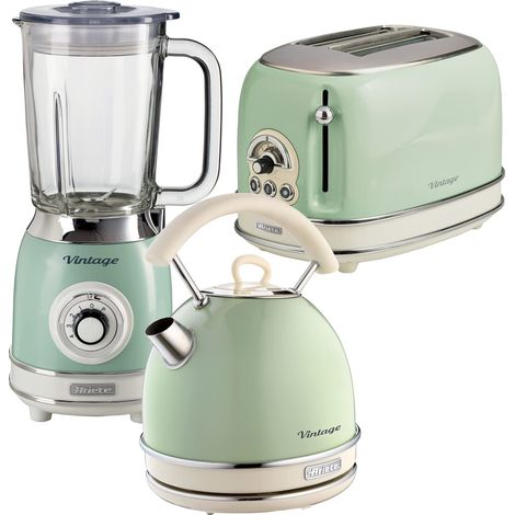 Ariete ARPK26 Retro Style Dome Kettle, 2 Slice Toaster & Jug Blender Set, Vintage Design, Green