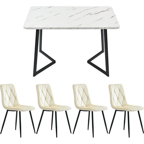 Ensemble repas (set, table à manger 117×68 cm avec 4 chaises), table à manger rectangulaire, ensemble de table de cuisine moderne, chaise de salle à manger en velours twill beige, pieds de table noirs (1/5)