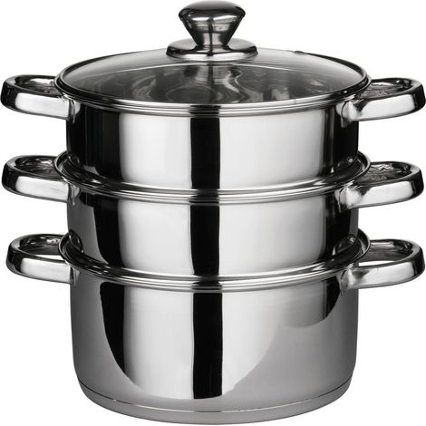 Interiors by Premier Stainless Steel Steamer, 3-Tier Rice Steamer with Glass Lid, 6 Handles for Easy Handling, Best Rice Steamer (1/5)