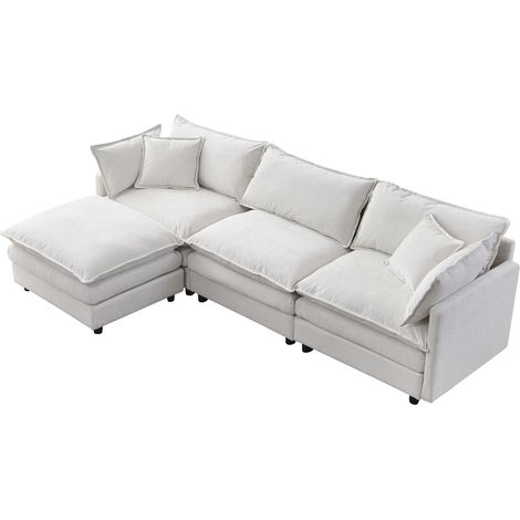 Divano angolare modulare a L 3 posti con pouf in ciniglia beige 267x154x85 cm MODENUIT (1/5)