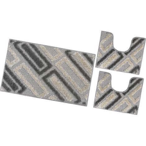 Tappeto Bagno Moderno Parure Set 3 Pezzi Soffice Shaggy Assorbente Antiscivolo Lavabile - Beige