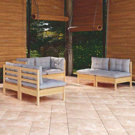 Salon de jardin 6 pcs Ensemble Table et Chaise de Jardin - avec coussins gris Bois de pin massif BV974309 - BonneVie (1/5)