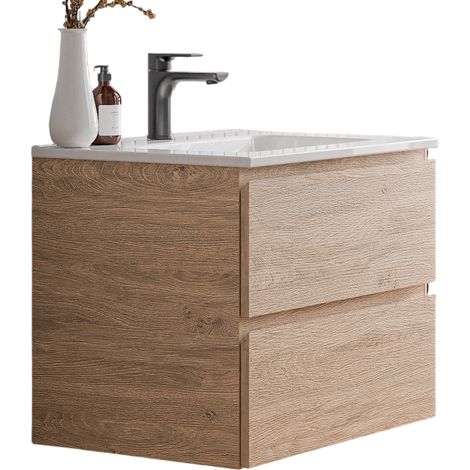 BERNSTEIN - Mobile lavabo sospeso MDF rovere miele, lavandini bianco lucido + foro troppo pieno e piletta - 60x46x50cm - AVA	Bianco lucido, Rovere Miele Oro