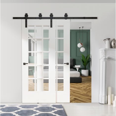 Kit rail de porte coulissante 200 cm en acier noir, 9 pièces, facile à monter pour salon FloraGrace (1/5)